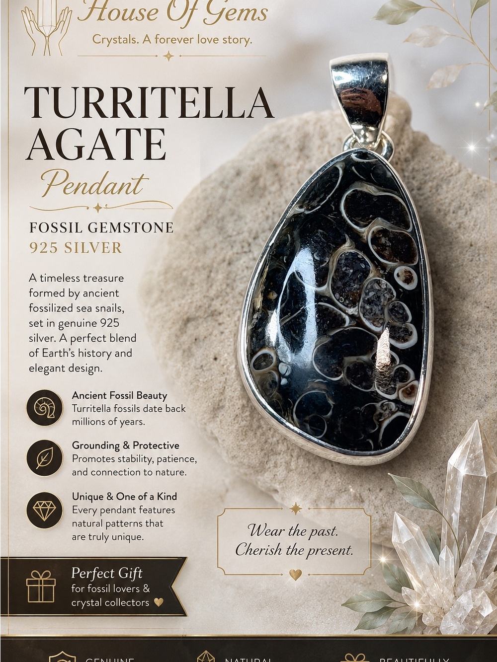 Turritella Agate Pendant in Black with 925 Silver